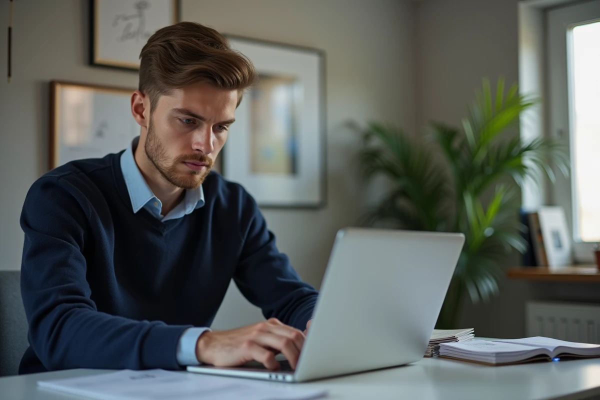 Jeune homme consulte ses relevés bancaires sur son ordinateur