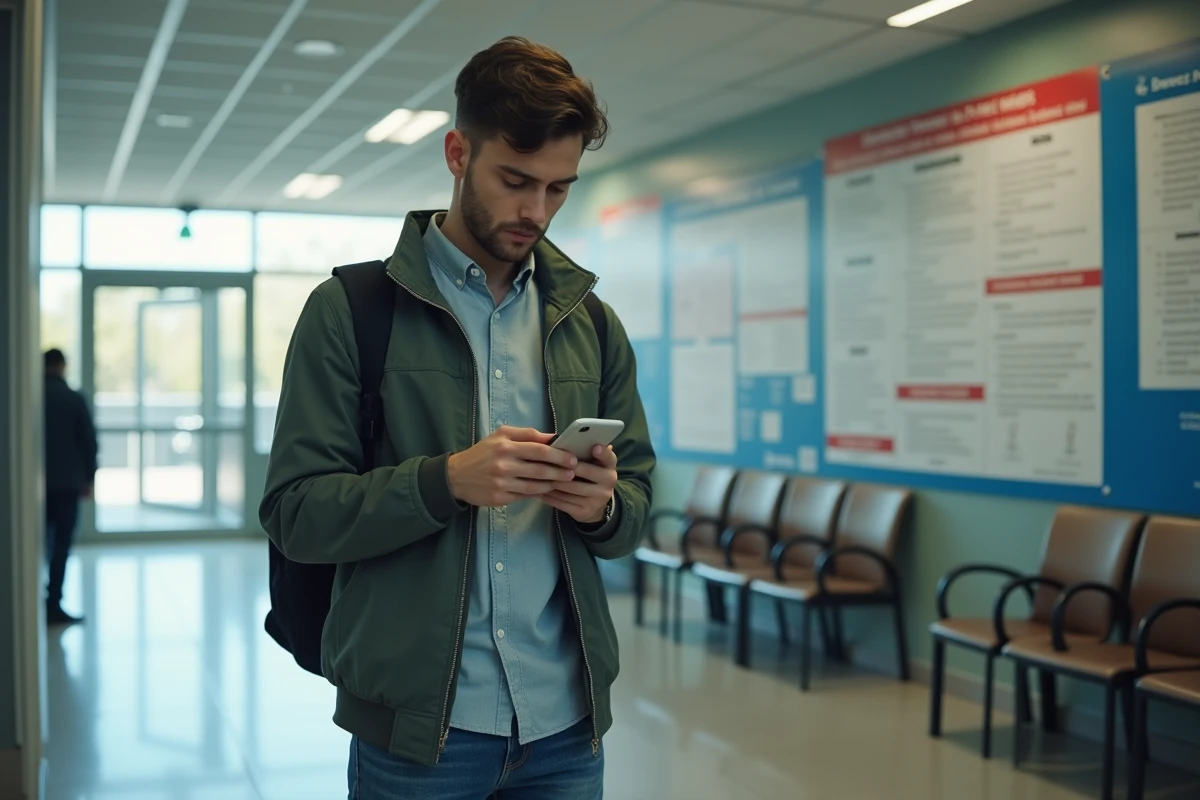 Jeune homme vérifiant son smartphone devant un panneau d