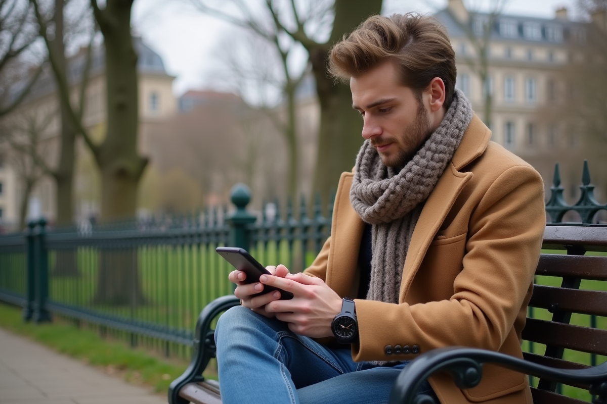 Jeune homme vérifiant ses investissements dans un parc parisien