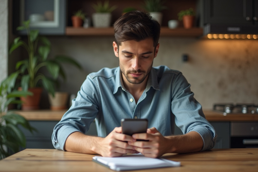 Jeune homme regardant son smartphone dans une cuisine moderne