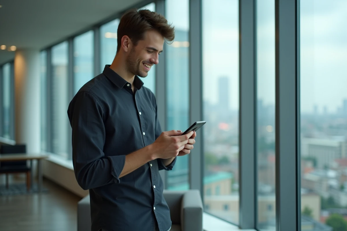 Jeune homme vérifiant ses réglages de sécurité sur smartphone dans un bureau