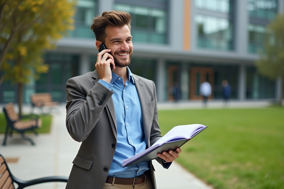 Jeune homme parlant au téléphone sur un banc de campus avec dossier
