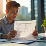 Jeune professionnel examinant un bulletin de salaire lumineux