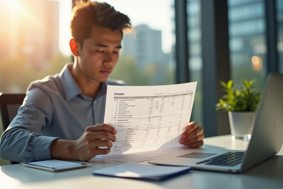Jeune professionnel examinant un bulletin de salaire lumineux