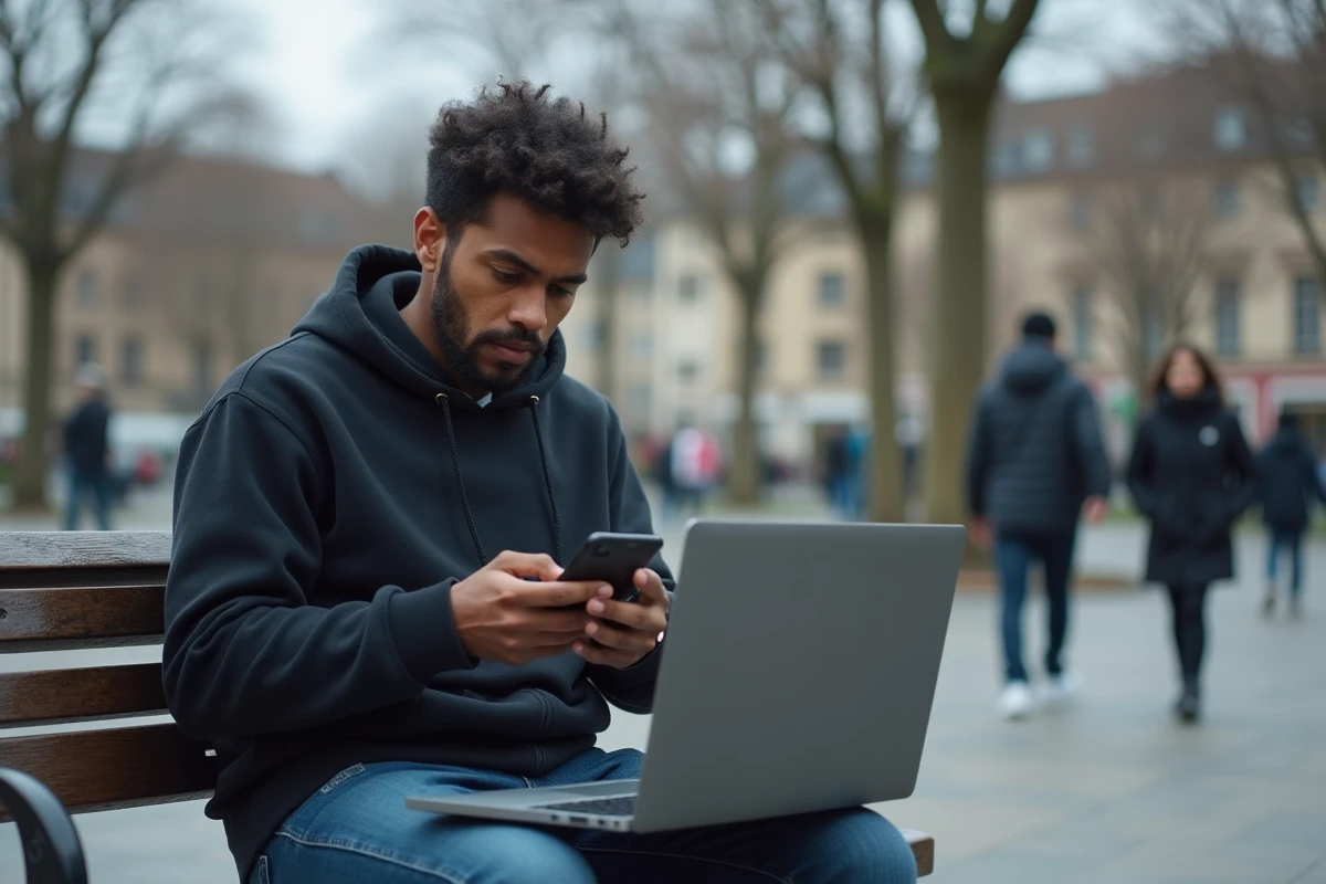 Jeune adulte consultant un site gouvernemental sur son smartphone en plein air, cherchant des informations sur la durée de travail minimale pour avoir droit au chômage