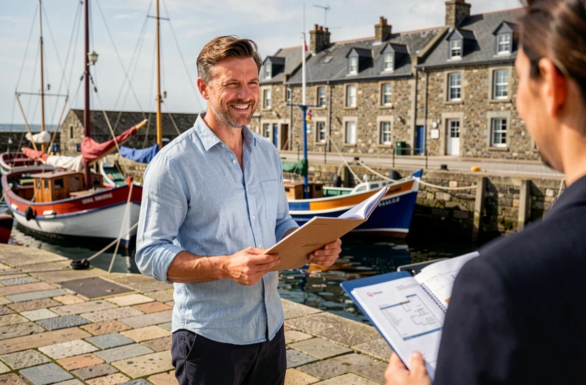 Représentant Le Patrimoine Bleu présentant un portefeuille immobilier sur un quai du Finistère avec des bateaux et des bâtiments bretons en arrière-plan