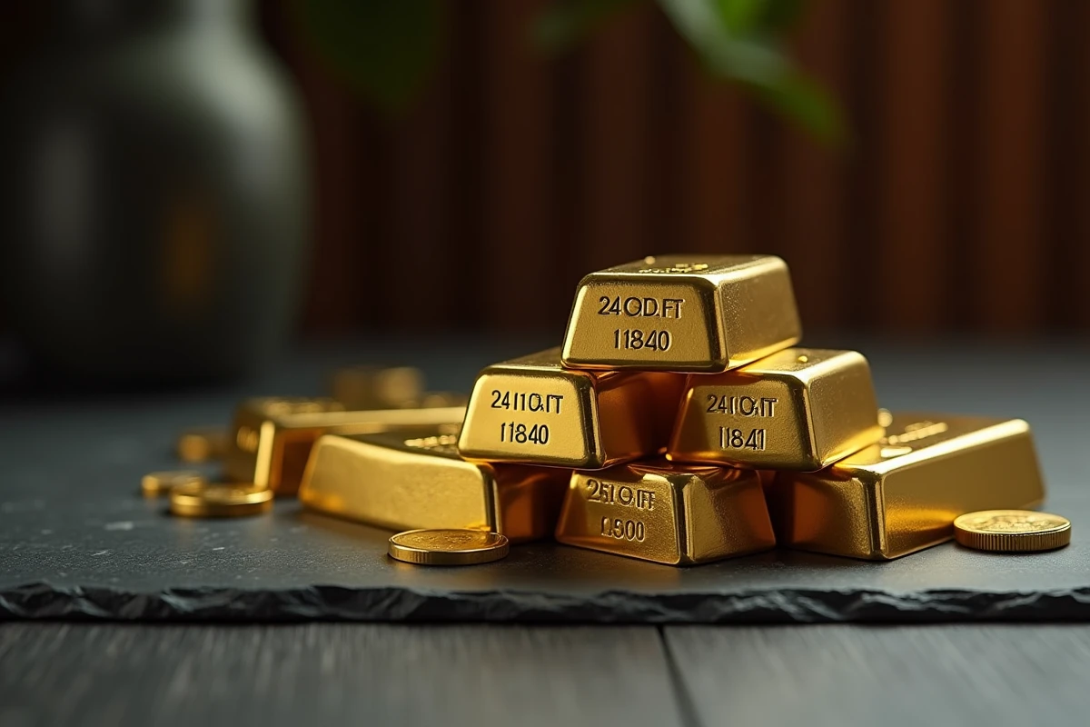 Lingots d'or 24 carats empilés sur ardoise noire avec poinçons de pureté visibles, référence mondiale du prix de l'or au gramme