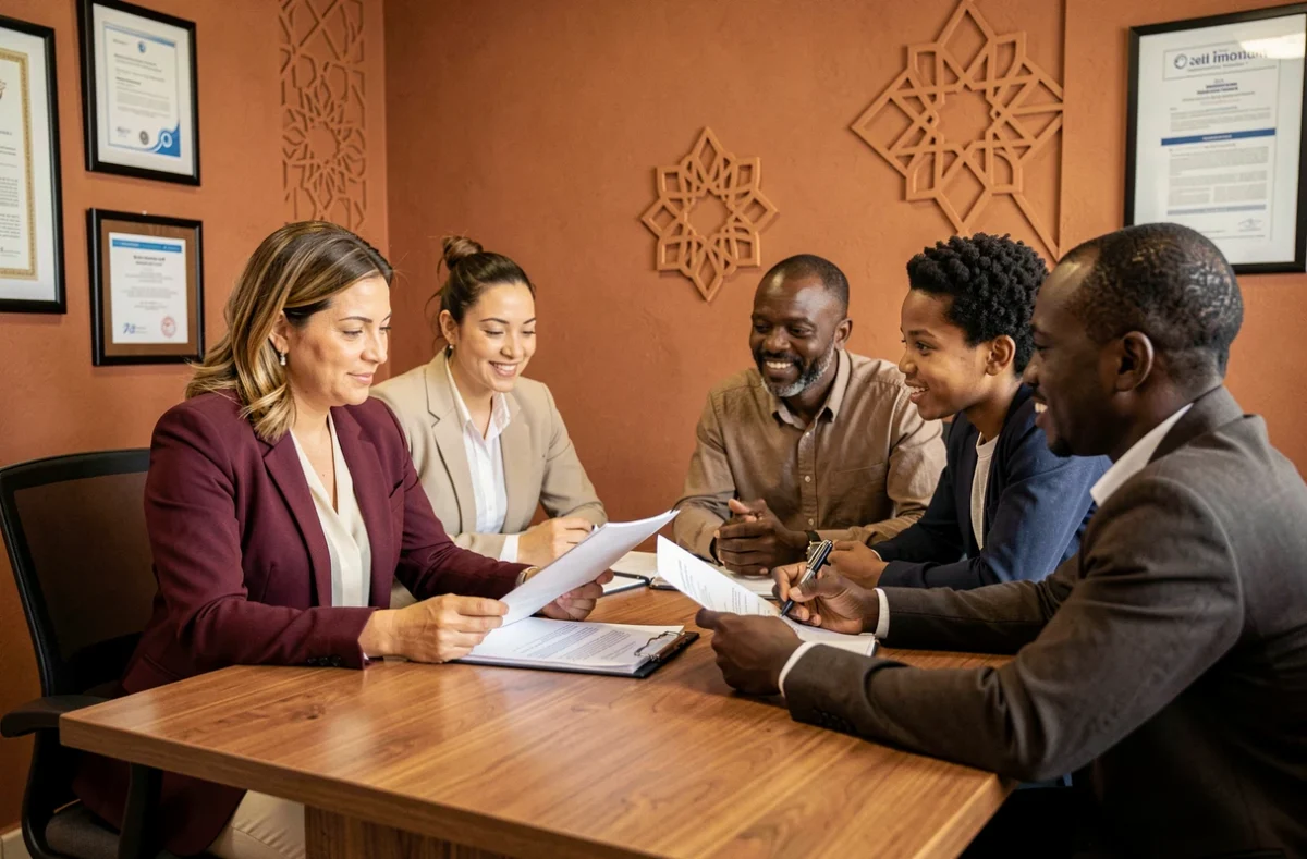 Conseillère de Maghreb Assurances accompagnant une famille dans la gestion de leur contrat d'assurance