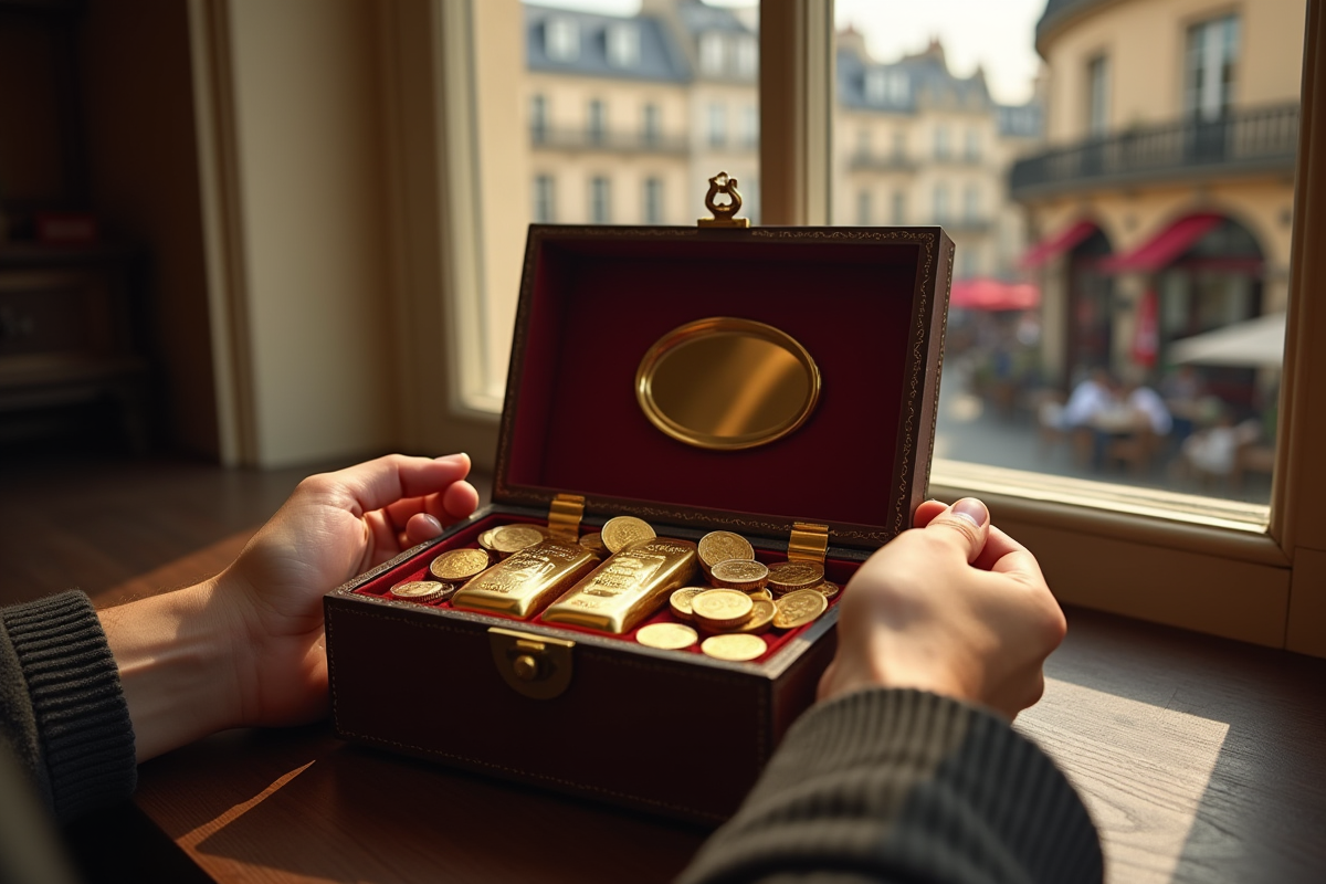 Mains tenant un coffre vintage avec lingots d or et vue de Paris