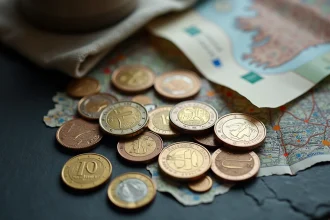Pièces et billets en euros posés sur une carte de Dublin avec un portefeuille de voyage, conseils monnaie Dublin