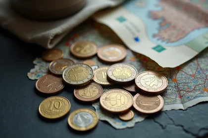 Pièces et billets en euros posés sur une carte de Dublin avec un portefeuille de voyage, conseils monnaie Dublin