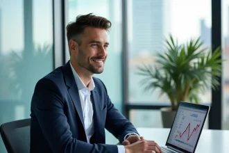 Entrepreneur fintech assis à son bureau moderne avec tableau de bord financier sur écran, symbole de la réussite de Mounir Laggoune avec Finary