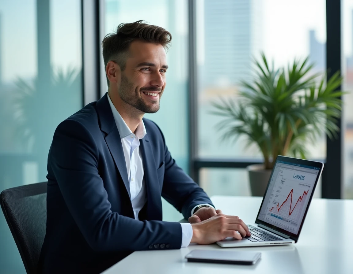 Entrepreneur fintech assis à son bureau moderne avec tableau de bord financier sur écran, symbole de la réussite de Mounir Laggoune avec Finary
