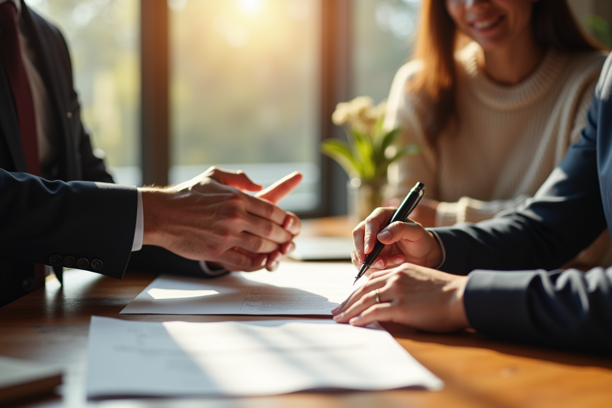 Notaire remettant des documents importants à une famille dans un bureau moderne