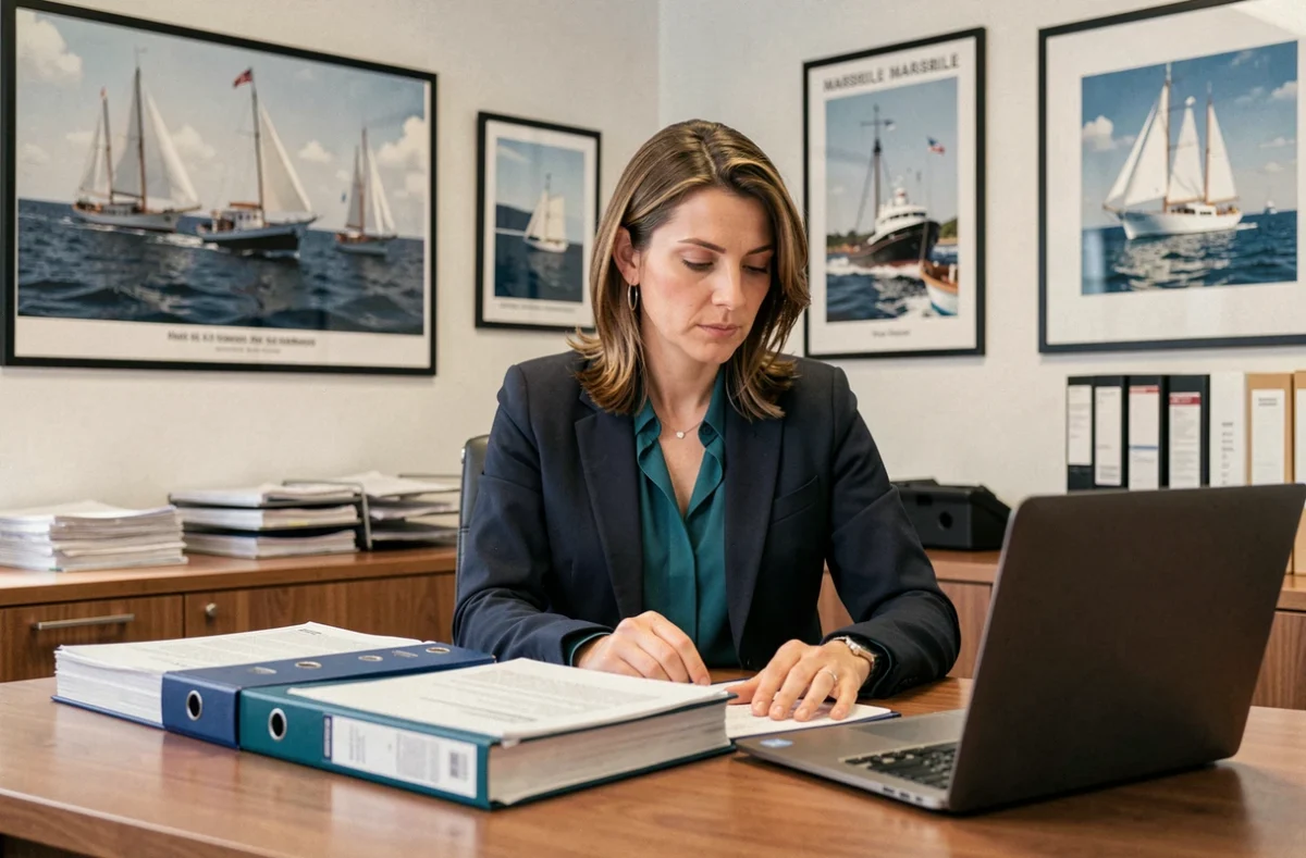 Spécialiste d'OCMA Assurance travaillant sur des dossiers d'assurance maritime dans son bureau à Marseille