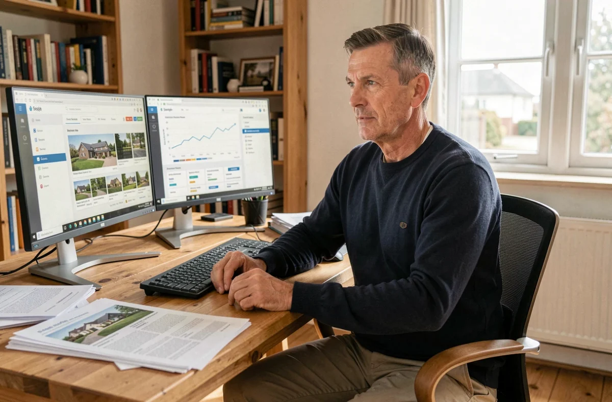 Conseiller Optimhome dans le Finistère travaillant sur une plateforme d'analyse immobilière depuis un bureau à domicile