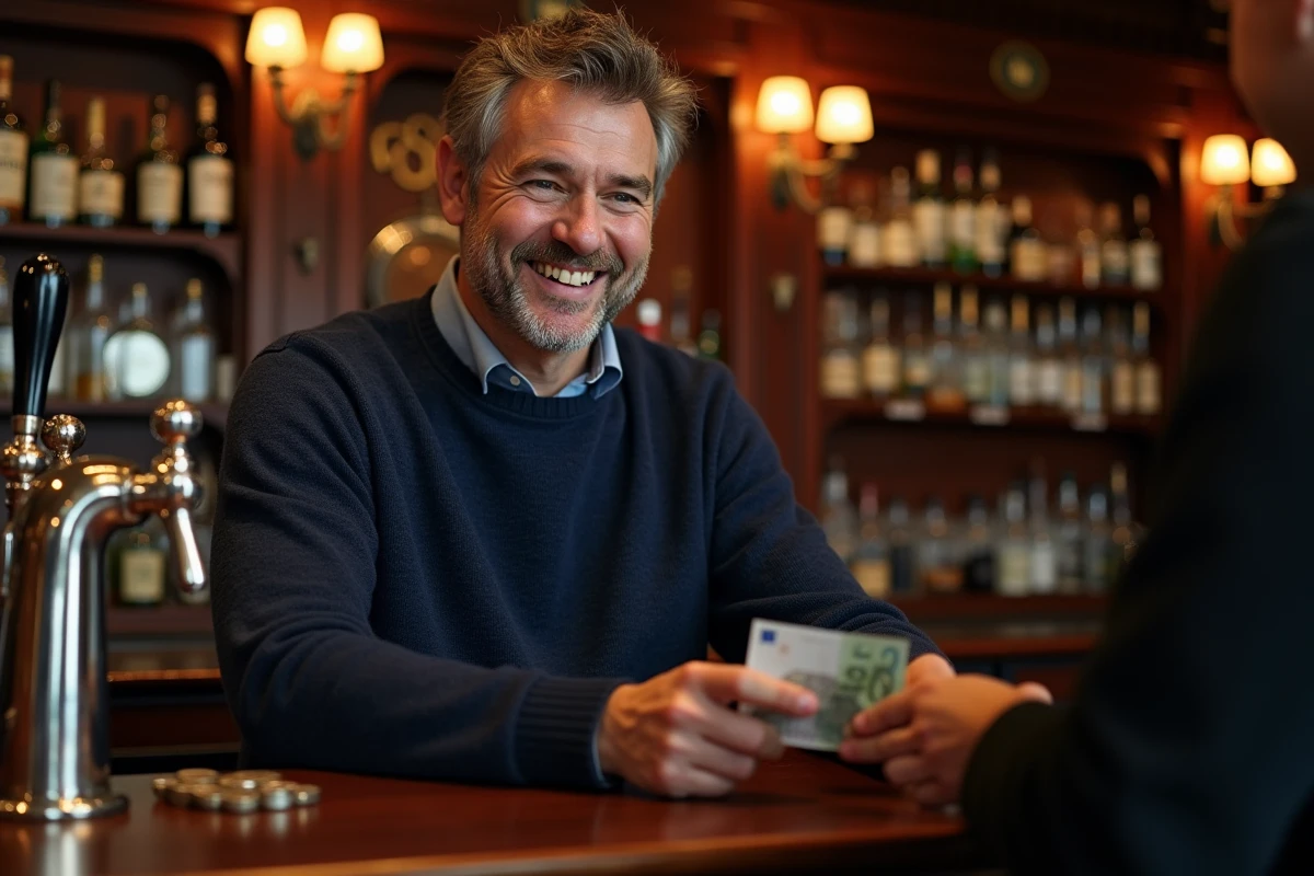 Homme payant en euros dans un pub traditionnel de Dublin, guide pratique monnaie et paiement en Irlande