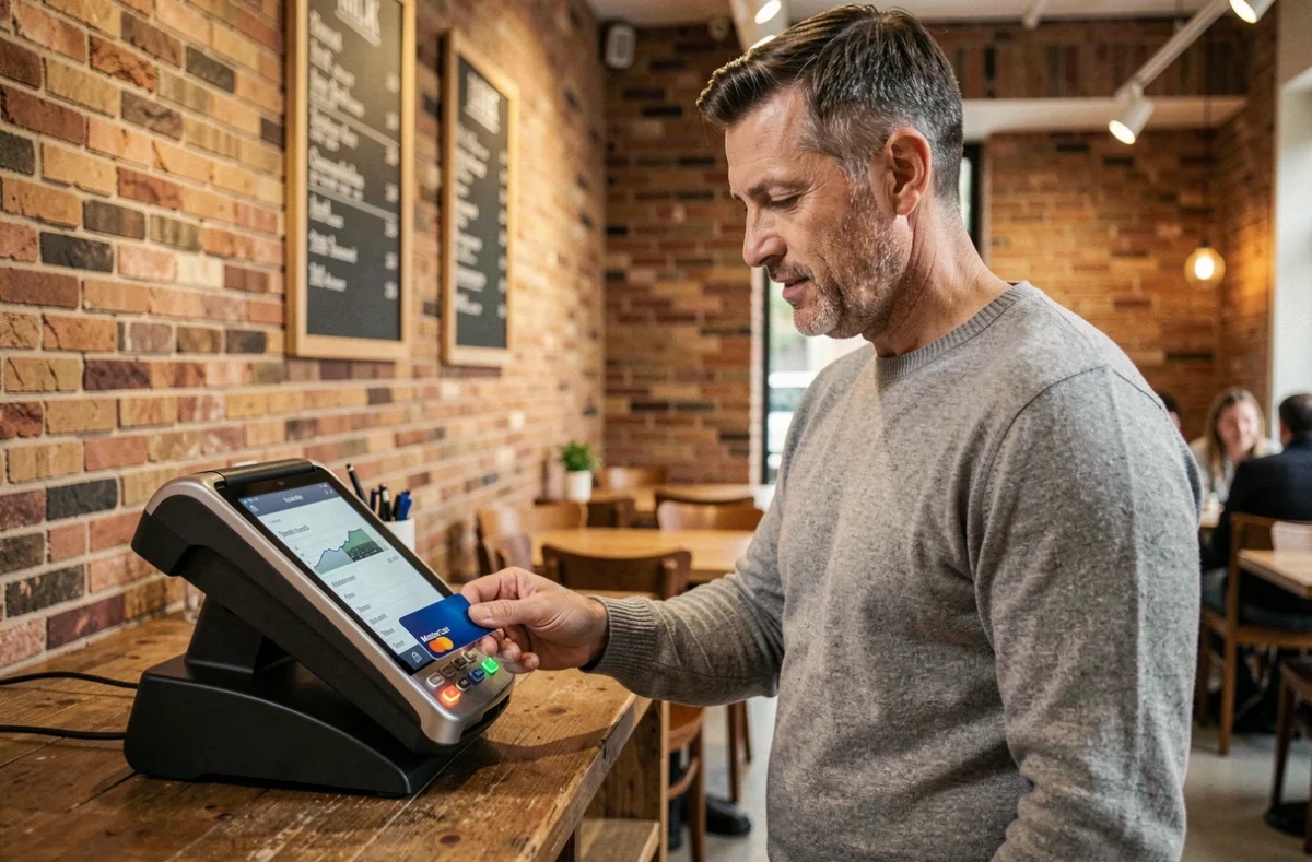 Homme payant sans contact avec une carte Mastercard dans un café parisien