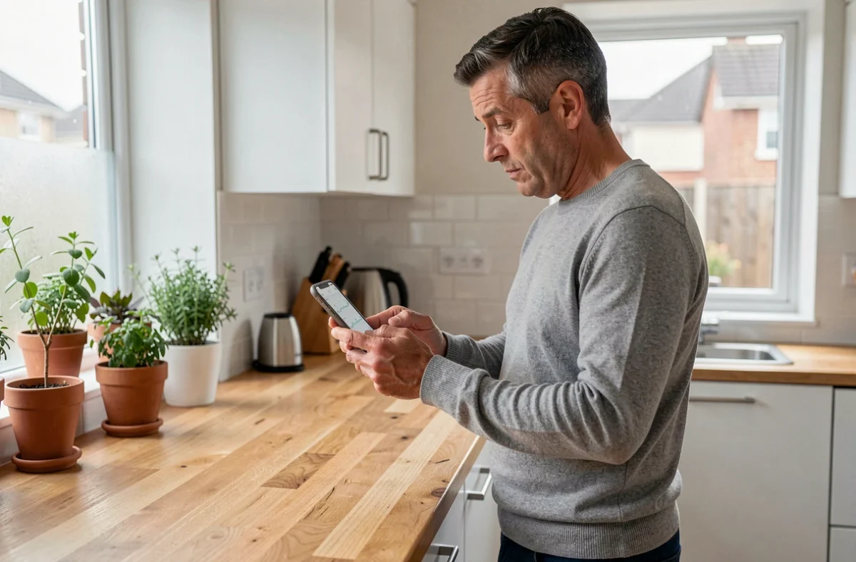 Homme consultant une application financière sur son smartphone depuis sa cuisine, symbolisant les interrogations des particuliers sur Perle Finance en 2026