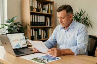 Homme de 40 ans consultant des documents financiers sur un investissement SCPI dans un bureau à domicile moderne