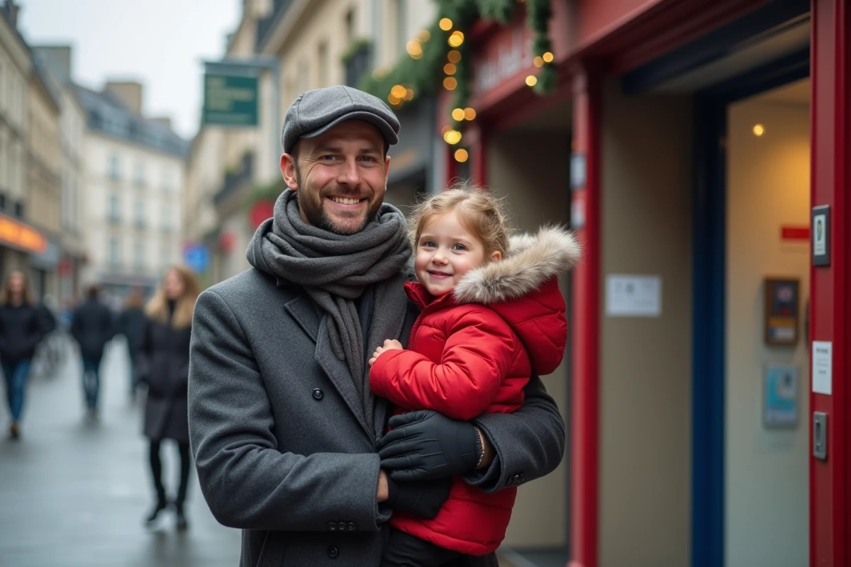 Père et fille riant devant le bureau de poste en hiver