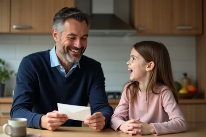 Pere souriant donnant une enveloppe à sa fille au kitchen