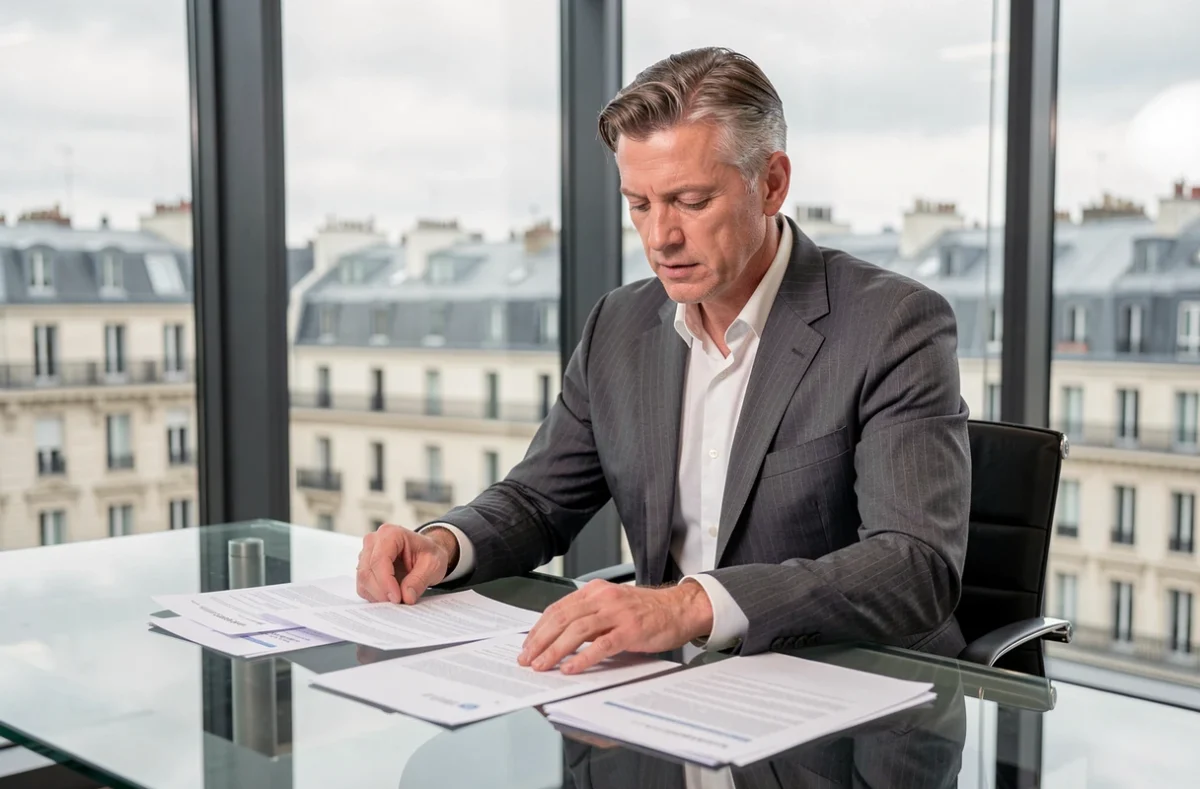 Personnalité médiatique française examinant des contrats dans un bureau moderne parisien, symbolisant la construction d'une fortune professionnelle