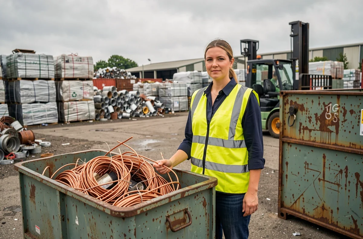 Responsable de centre de recyclage pesant des câbles en cuivre sur une balance industrielle dans un dépôt de ferraille
