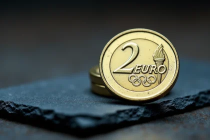 Pièce de 2 euros commémorative Jeux Olympiques 2026 en gros plan sur ardoise sombre montrant les anneaux olympiques en relief