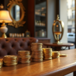 Pièces de monnaie en or et argent dans une boutique parisienne élégante