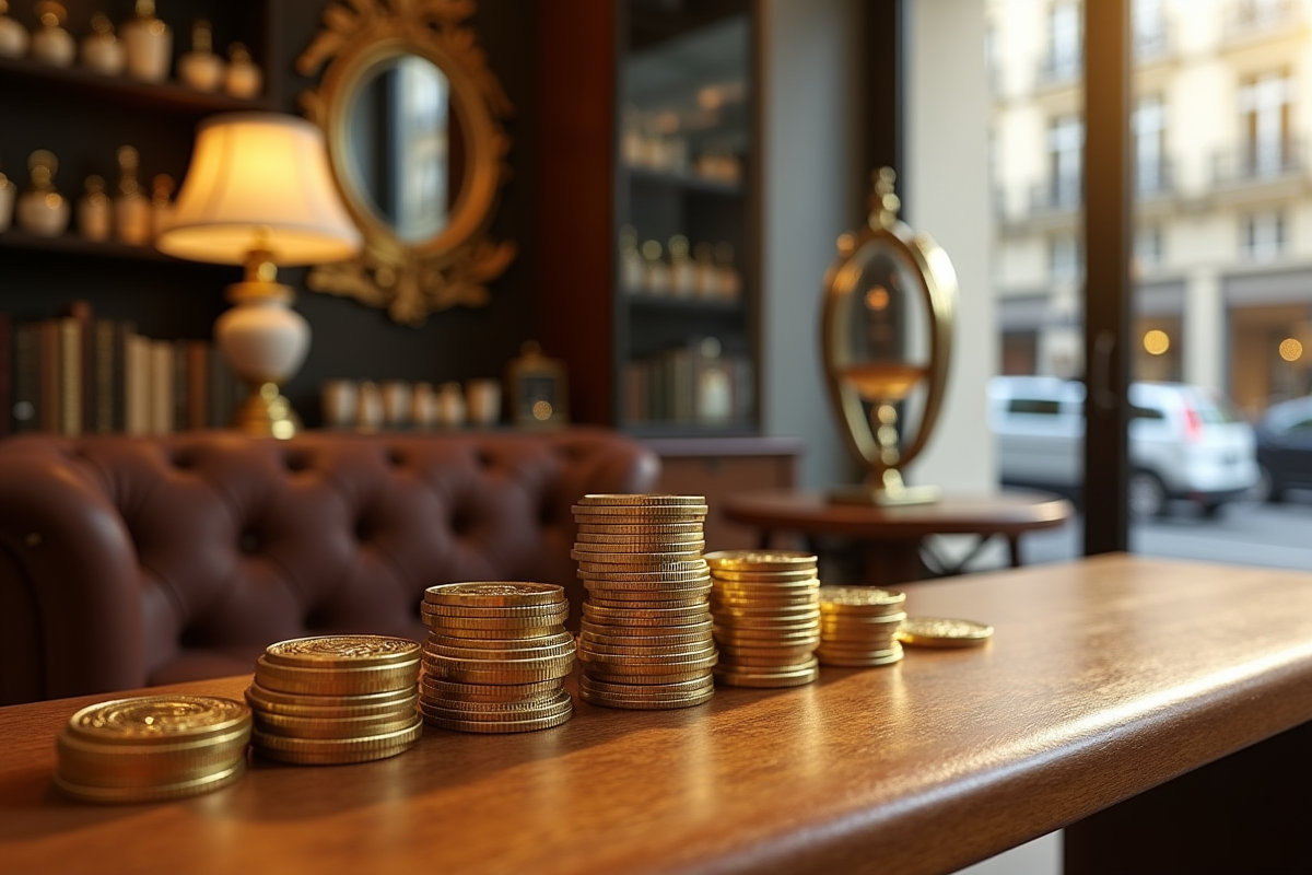 Pièces de monnaie en or et argent dans une boutique parisienne élégante