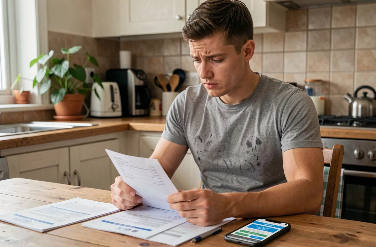 Plombier indépendant comparant des documents de devis assurance décennale à la maison avec son smartphone sur la table de cuisine
