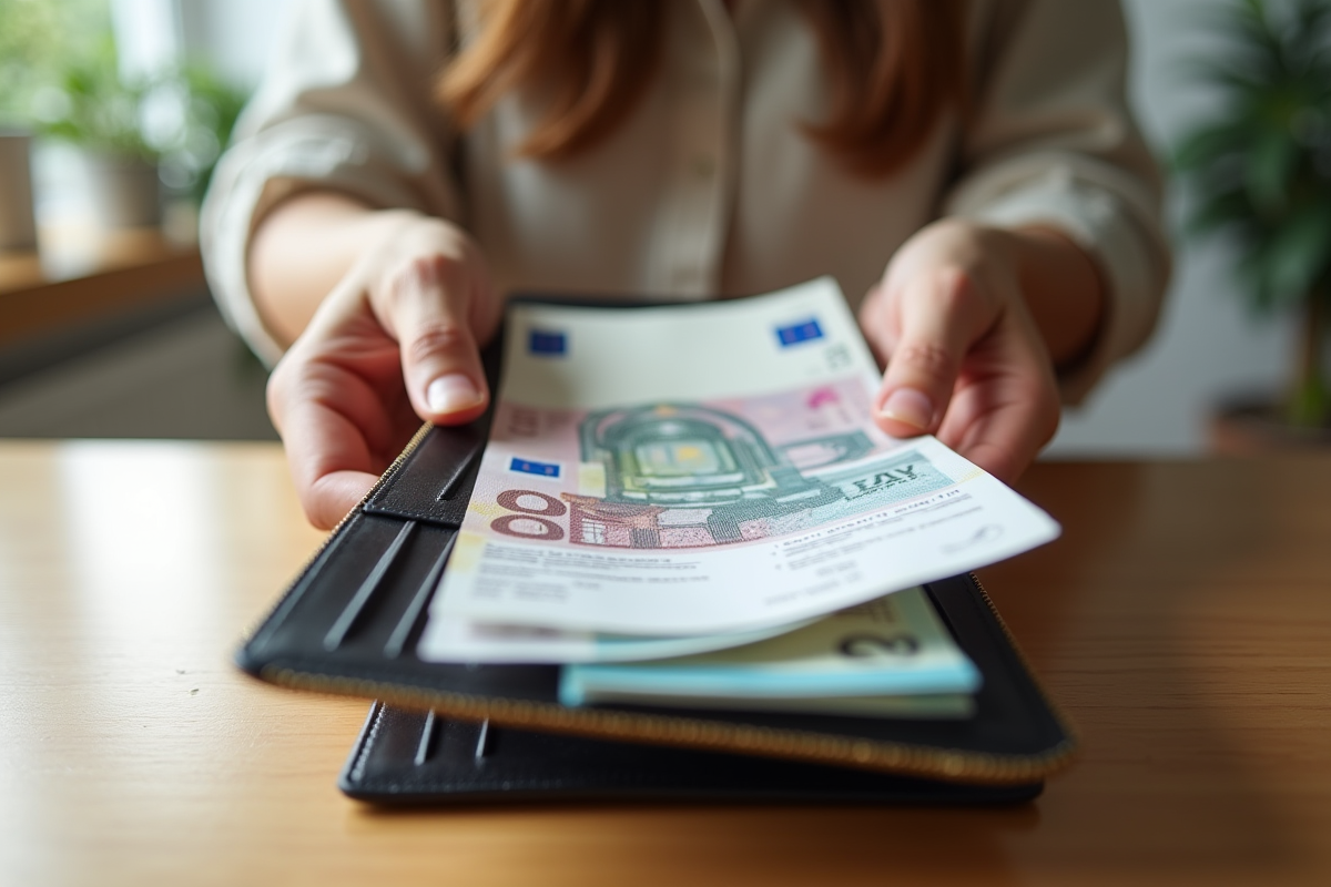 Mains tenant un portefeuille avec billets et fiche de paie