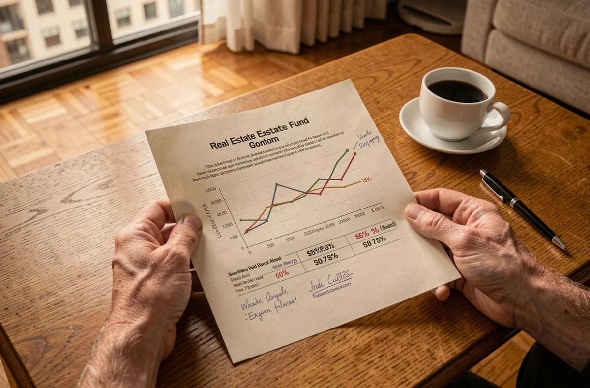 Mains tenant un relevé de portefeuille SCPI avec graphiques de rendement immobilier dans un salon chaleureux