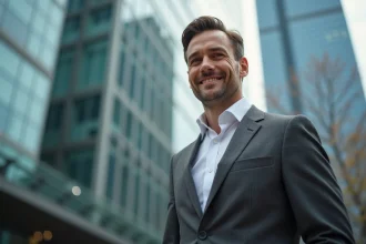 Portrait professionnel d'un financier en costume gris devant un immeuble de bureaux moderne dans un quartier d'affaires
