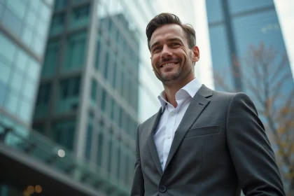Portrait professionnel d'un financier en costume gris devant un immeuble de bureaux moderne dans un quartier d'affaires
