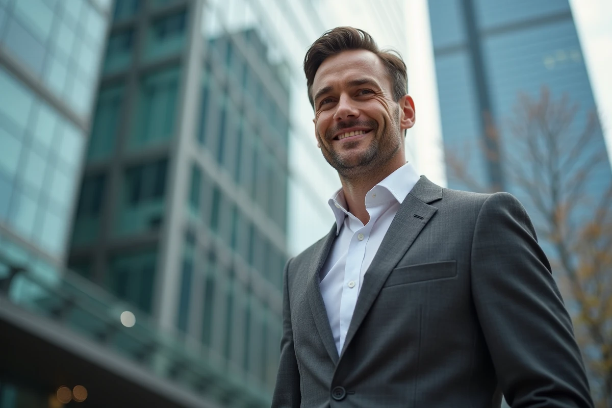 Portrait professionnel d'un financier en costume gris devant un immeuble de bureaux moderne dans un quartier d'affaires