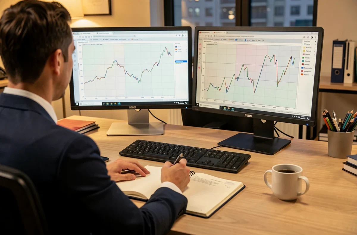 Poste de travail d'un analyste financier avec graphiques