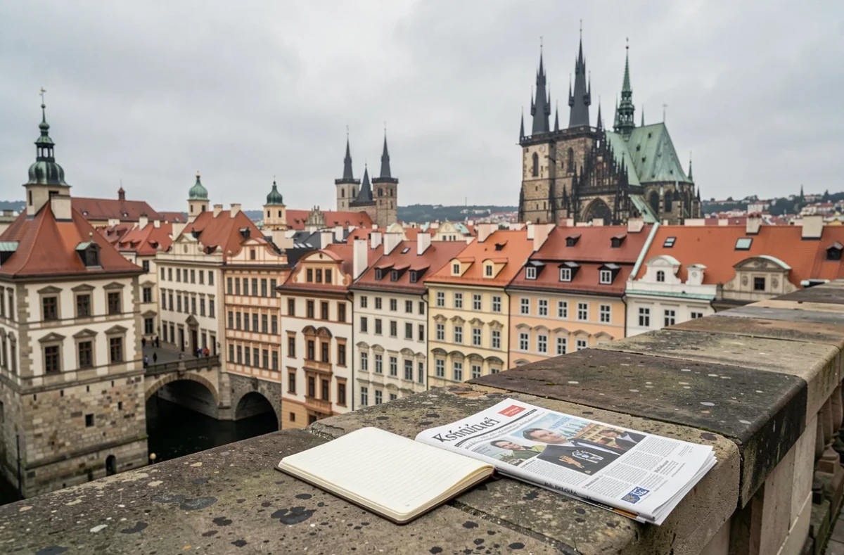 Vue panoramique du centre historique de Prague avec journaux financiers tchèques au premier plan symbolisant l'investissement en Europe centrale