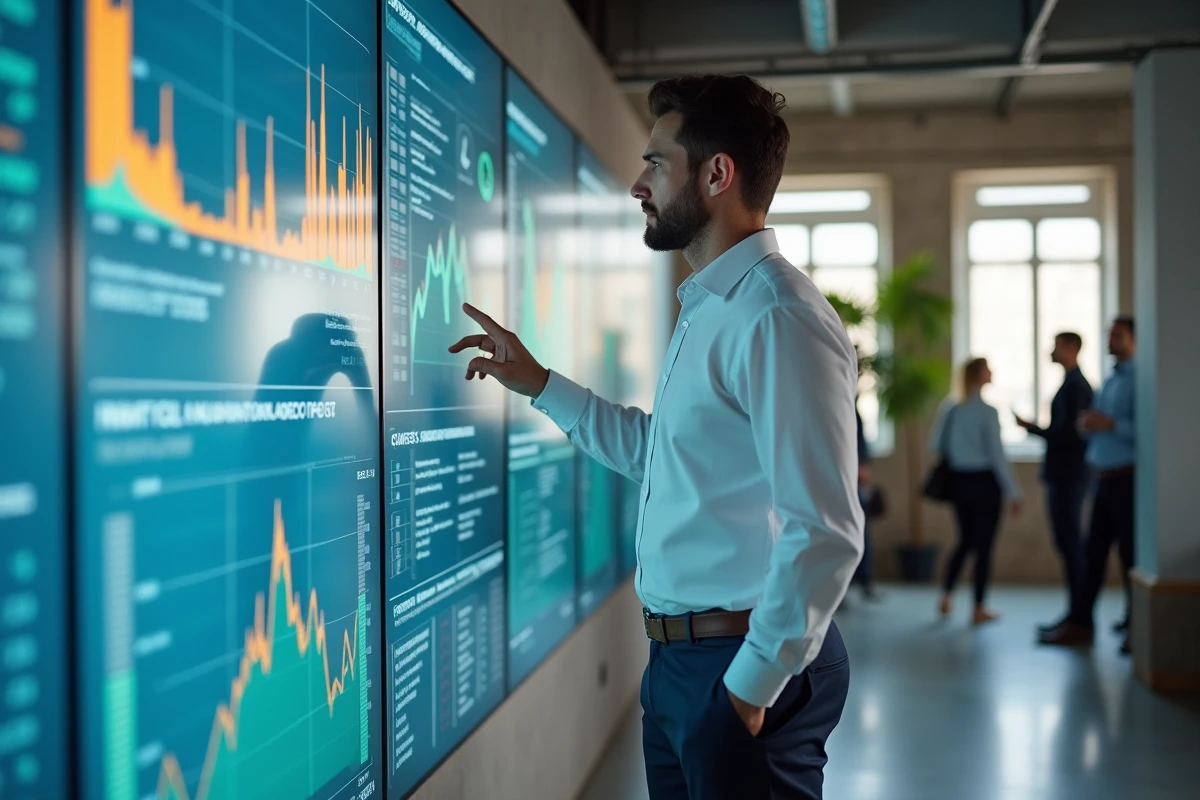 Professionnel de la finance présentant une matrice de risque ESG sur un écran numérique dans un hub technologique financier européen