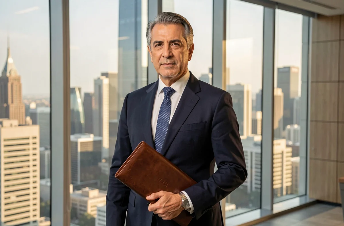 Portrait d'un dirigeant de club de football en costume de luxe dans un bureau exécutif moderne surplombant une grande ville