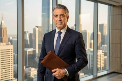 Portrait d'un dirigeant de club de football en costume de luxe dans un bureau exécutif moderne surplombant une grande ville