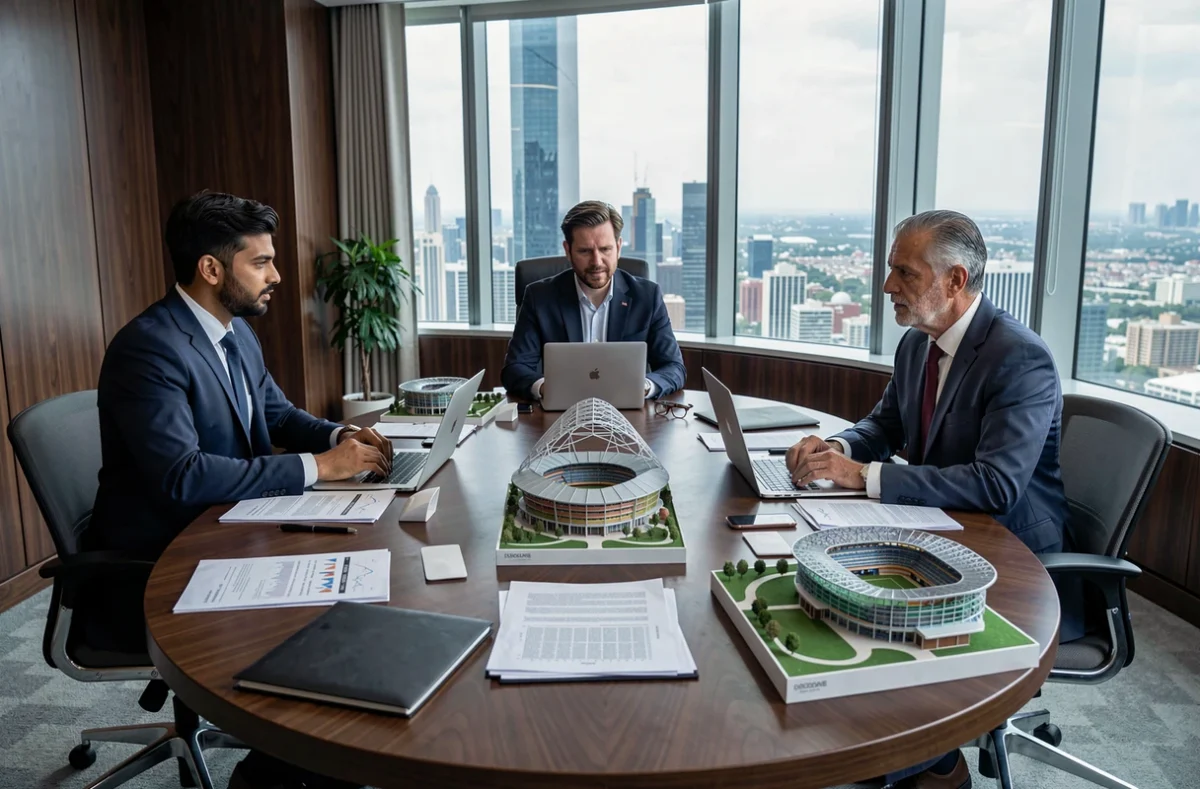 Réunion de présidents de clubs de football autour d'une table de conférence avec des documents financiers et des maquettes de stades