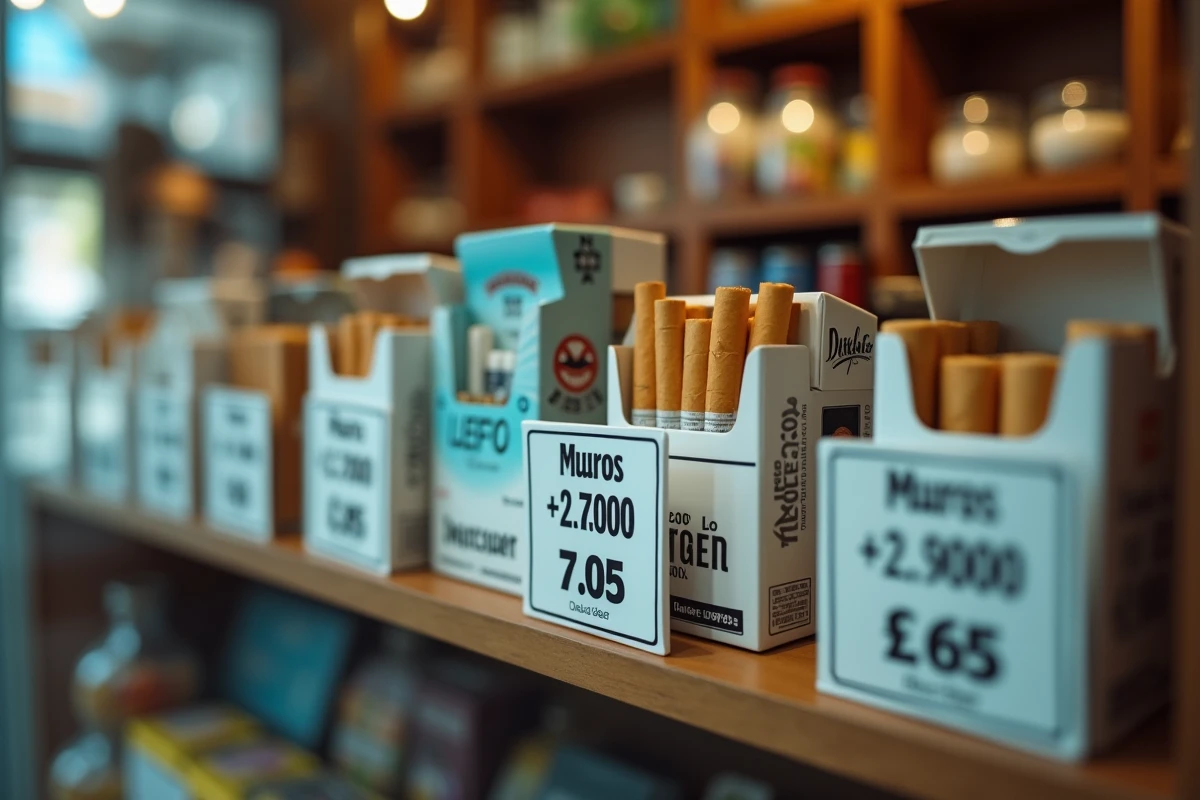 Paquets de cigarettes avec étiquettes de prix en euros dans un bureau de tabac espagnol