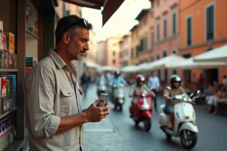 Homme examinant un paquet de cigarettes à un kiosque en Italie avec des prix affichés