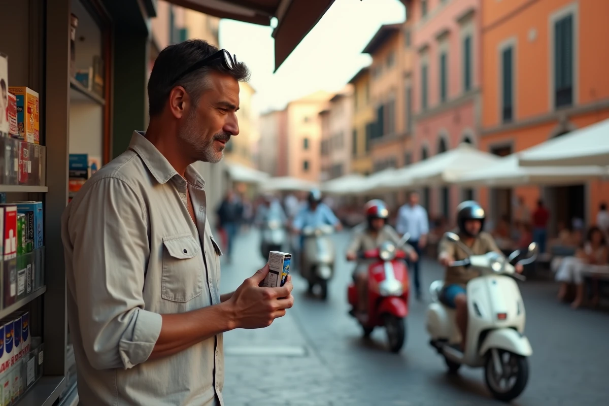 Homme examinant un paquet de cigarettes à un kiosque en Italie avec des prix affichés