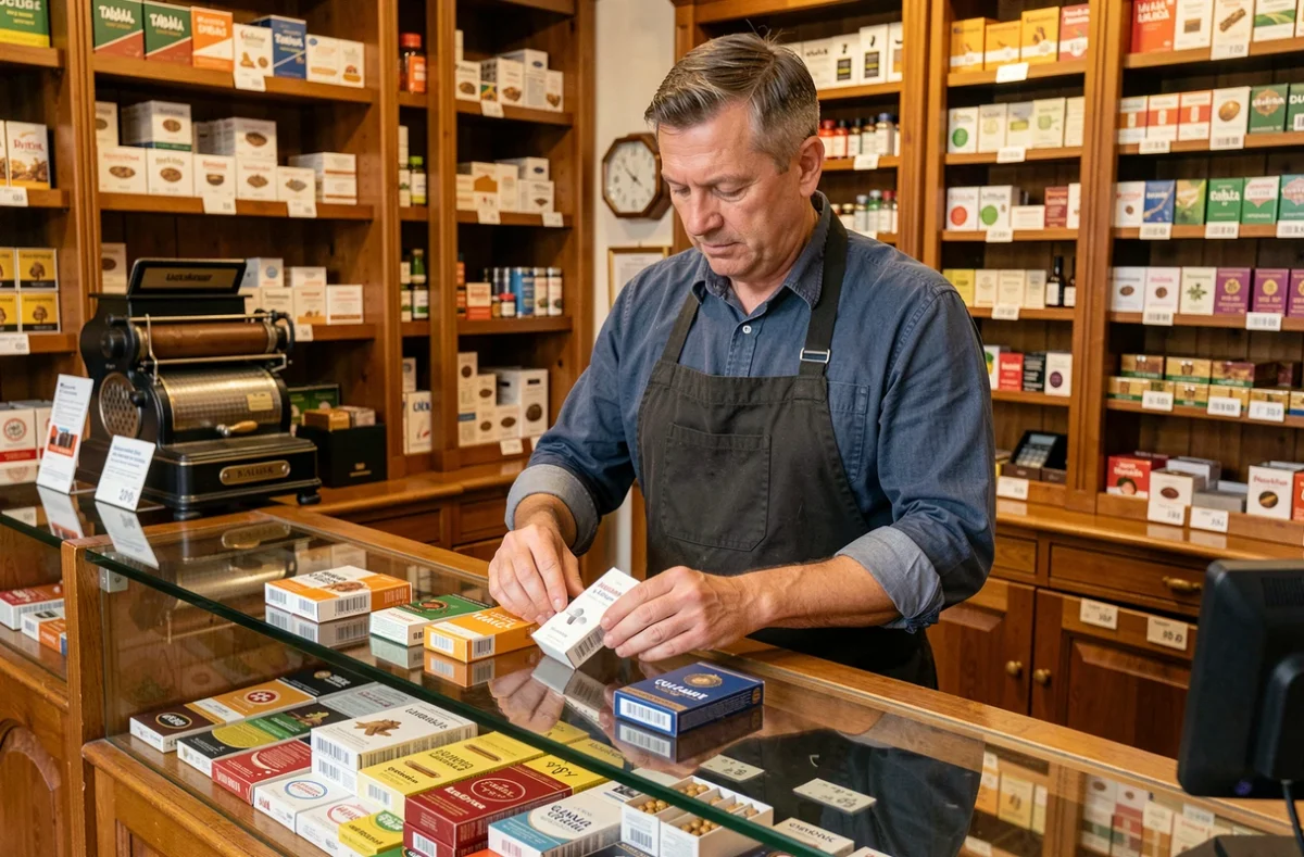 Buraliste luxembourgeois présentant des cigarettes et du tabac à rouler sur le comptoir d'un bureau de tabac traditionnel