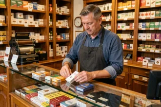 Buraliste luxembourgeois présentant des cigarettes et du tabac à rouler sur le comptoir d'un bureau de tabac traditionnel