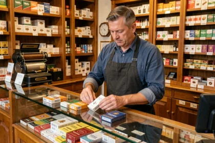 Buraliste luxembourgeois présentant des cigarettes et du tabac à rouler sur le comptoir d'un bureau de tabac traditionnel