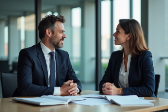 Deux professionnels en réunion dans un bureau moderne